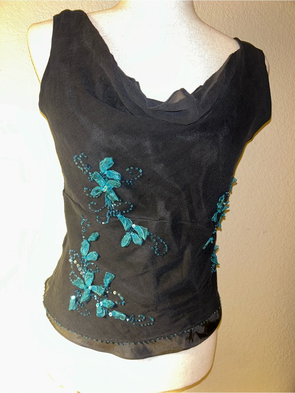 Mixit 100% Silk Cowl Neck Top with Beading and Teal Floral Appliqué Y2K